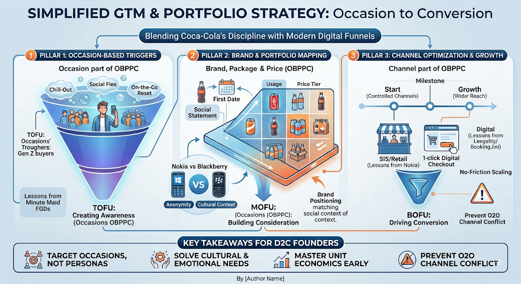 Simplified GTM & portfolio strategy: occasion to conversion — OBPPC mapped across TOFU, MOFU and BOFU with key takeaways for D2C founders